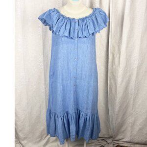 Aish Anthropologie chambray ruffle midi dress cottagecore boho peasant hippie S